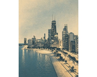 Chicago Cityscape Art Print, Modern Neutral Wall Decor, Full Bleed Travel Poster