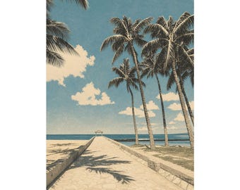 Honolulu Cityscape Art Print, Hawaii Beach Boardwalk Travel Poster