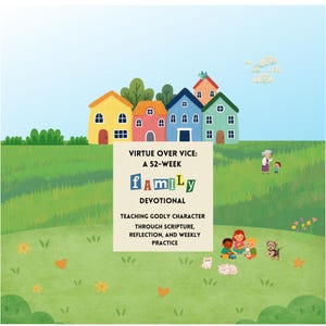 May include: An illustrated book cover with the title "Virtue Over Vice: A 52-Week Family Devotional." The image features colorful houses, a green field, and children with pets. The text emphasizes teaching godly character through scripture.