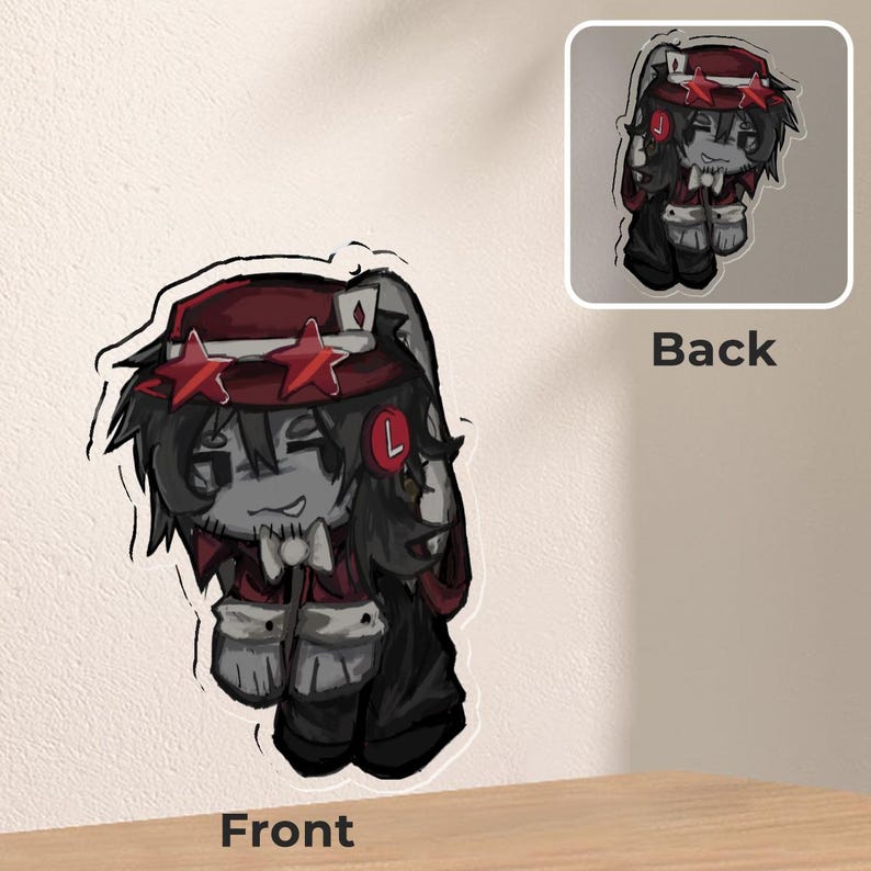 May include: A sticker featuring a cartoon character with a red hat adorned with stars and a matching outfit. The character has gray skin, black hair, and a bow tie. The sticker also shows the back of the character.