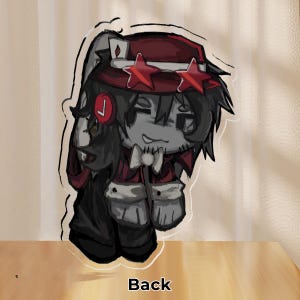 May include: A cartoon illustration of a character with a red hat adorned with red star-shaped glasses. The character is wearing a red jacket, a white bow tie, and black pants. The word "Back" is written at the bottom.