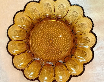 Vintage Indiana Amber Glass Hobnail Deviled Egg Plate | 11-inch Round Relish Platter