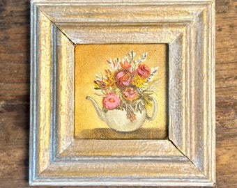 Vintage Miniature Art | Original Floral Oil Painting | 5x5 Framed Petite Impasto Roses in Teapot