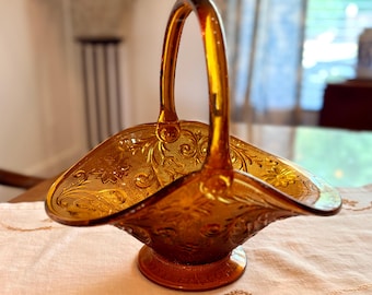 Vintage Tiara Amber Sandwich Glass Basket - Large | Indiana Glass Daisy Centerpiece Decor