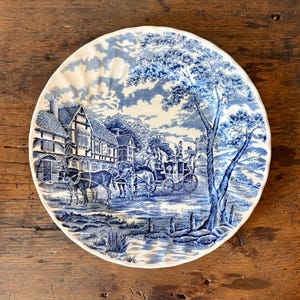 Royal Wessex Royal Mail Dinner Plate | Blue Transferware Stagecoach Scene | 10-Inch English Ironstone