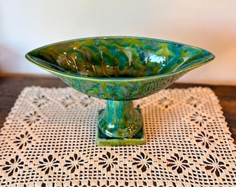 Mid Century Green Drip Glaze Ceramic Pedestal Console Bowl Hull | Fruit Bowl | Mantle Accent