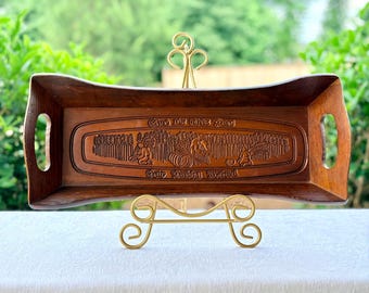 Vintage Wood Bread Tray with Carved Harvest Scene | "Give Us This Day Our Daily Bread" Platter