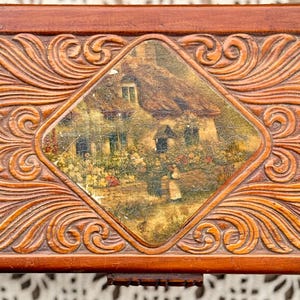 1940s Carved Cedar Keepsake Box | English Cottage Lithograph & Reverse-Painted Mirror | Folk Art Jewelry Chest