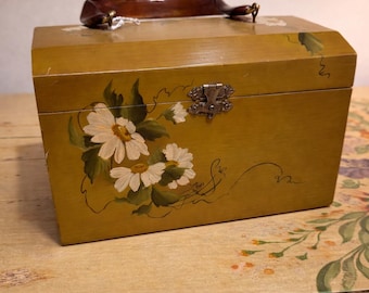 Vintage Hand-Painted Wooden Purse Box with Lucite Handle | Floral Folk Art Storage Box | Mid-Century Statement Accessory