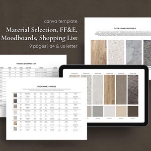 Può includere: Un modello digitale intitolato "Material Selection, FF&E, Moodboards, Shopping List" con il testo "9 pages | a4 & us letter". L'immagine mostra un tablet e documenti stampati che mostrano campioni di materiali e liste della spesa. I documenti includono testo come "Floor Finishes Materials."