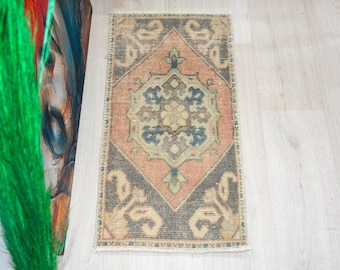 1.4x2.9 ft, Orange Geometrical Doormat, Vintage Turkish Oushak Rug, Soft Wool on Cotton, Modern Rug, Bathroom Rug, Entryway Mat