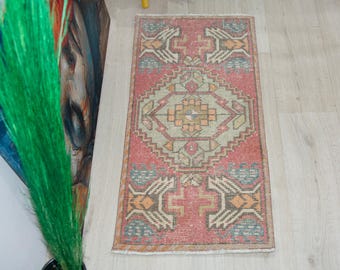 Mini tappeto geometrico, piccolo tappeto turco vintage, tappeto Oushak, 45x99 cm, morbido tappeto in lana, zerbino rosso beige per ingresso
