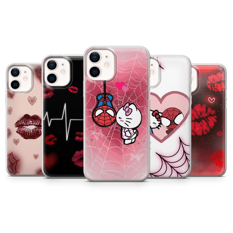 May include: Five phone cases with different designs. The cases display images of lips, a heartbeat, Spider-Man and Hello Kitty, and a heart. The cases are in red, pink, and black.