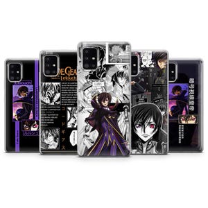 May include: A collection of five phone cases featuring anime-style artwork. The cases showcase various designs, including manga panels, character illustrations, and text. The color palette includes black, white, purple, and gold.