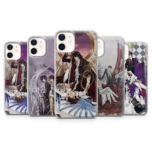 May include: A collection of five phone cases featuring anime-style illustrations. Each case displays a different scene with characters in detailed costumes, set against backgrounds of purple, red, and gold. The cases are clear with the designs visible.