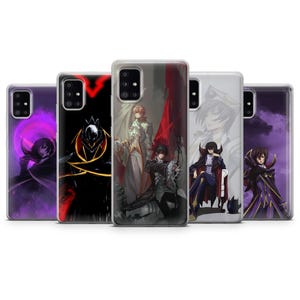 May include: A collection of five phone cases featuring anime-style illustrations. The cases display various characters in vibrant colors, including purple, black, and red. Each case has a different design, showcasing detailed artwork.