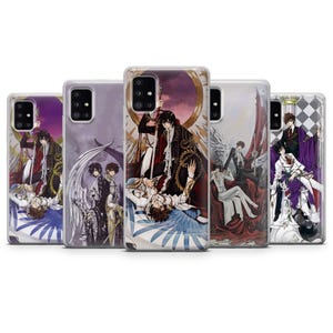 May include: Five phone cases with anime artwork. Each case shows a different scene with male characters in detailed attire, set against purple, gold, and white backgrounds. The cases are transparent, allowing the phone's design to be visible.