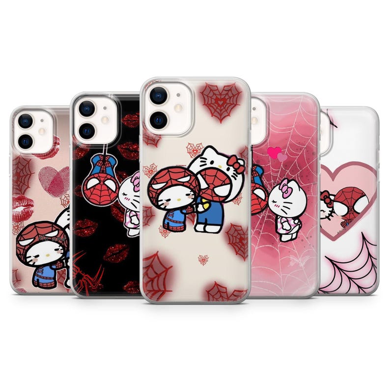 Mobilskal med kärlek, Hello Kitty, kawaii, Spiderman, romantiskt, för iPhone 17, 16, 15, 14, Samsung S25, A56, A36, A16, Pixel 10, 10Pro, 9A bild 1