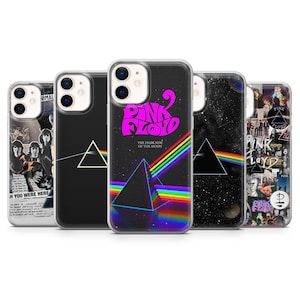 May include: A collection of phone cases featuring iconic album art and band logos. Designs include a black case with a white triangle, a case with a starry background and a rainbow prism, and a case with the text "PINK FLOYD".