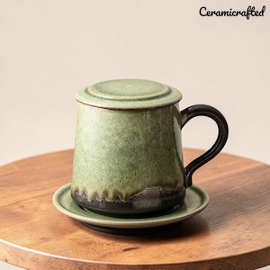 May include: A green ceramic mug with a lid and saucer. The mug has a black handle and a dark brown rim. The mug and lid are green with a textured finish. The saucer is green with a black base. The text "Ceramicrafted" is in the upper right corner.