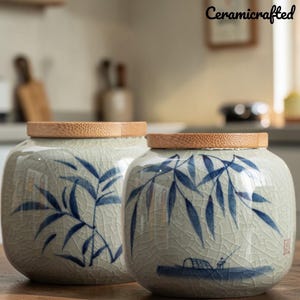 Puede incluir: Dos tarros de cerámica con tapas de bambú. Los tarros son de color gris claro con un esmalte craquelado y diseños de hojas de bambú pintadas en azul. El texto "Ceramicrafted" está en la esquina superior derecha.
