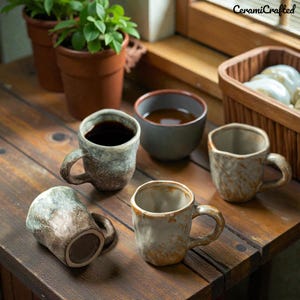 Peut inclure: Plusieurs tasses en céramique faites à la main et un petit bol sont disposés sur une table en bois. Les tasses présentent des textures et des couleurs variées, dont une contenant un liquide foncé. La scène comprend des plantes en pot et un panier, créant une ambiance rustique. Le texte "CeramiCrafted" est visible.