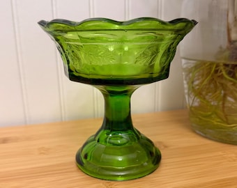 Vintage Tiara Green Glass Strawberries Candy Dish Compote