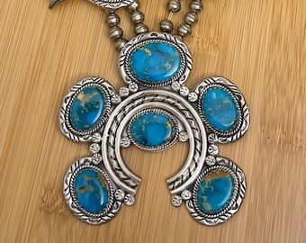 HUGE Vintage Navajo Sterling Silver Turquoise Squash Blossom Necklace 245 Grams