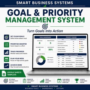 Könnte beinhalten: Ein digitales Ziel- und Prioritätenmanagementsystem auf einem Laptop-Bildschirm. Die Benutzeroberfläche umfasst ein Dashboard, eine Prioritäten-Engine und einen Wochenplaner. Text: Smart Business Systems, Turn Goals Into Action, Google Sheets Template.