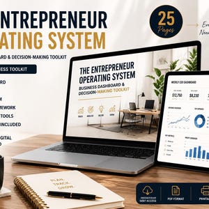 May include: A digital business toolkit titled The Entrepreneur Operating System, displayed on a laptop, tablet, and smartphone. The set includes a 25-page business dashboard, KPI tracking, profit system, decision framework, and productivity tools.