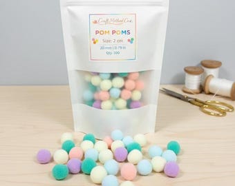 Pastel Pom Poms 20mm - Soft Color Craft Supplies, 100 Pack