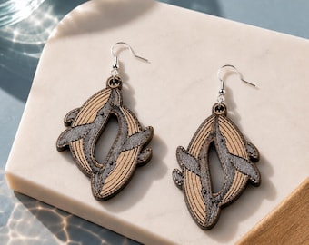 Wooden Whale Earring Dangle Statement Jewelry Handmade Gift Women Unique Ocean Animal Nautical Wood Geometric Design Layered Walnut