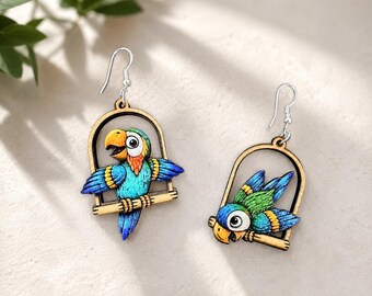 Tropical Bird Jewelry Modern Unique Bamboo Style Wooden parrot Earrings Women Statement Nature Accessory Gift Enthusiast Colorful Macaw