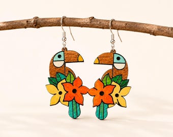 Toucan Wooden Earring Tropical Bird Jewelry Gift Handmade Design Laser Cut Walnut Dangle Statement Animal Nature Fashion Boho Wildlife