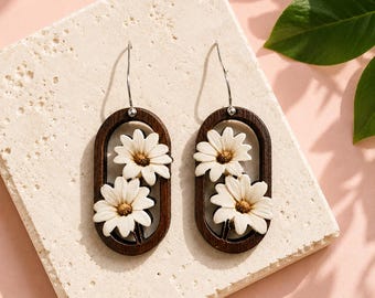 Handmade Wooden Earring Daisy Flower Dangle Jewelry Gift Woman Boho Accessory Nature Botanical White Floral Statement Piece Lightweight