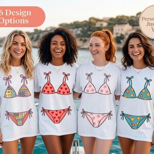 May include: Four white t-shirts featuring graphic prints of bikini sets in various patterns including hearts, flowers, and geometric shapes. The text 16 Design Options and Personalized Just for You is visible in the upper corners of the image.