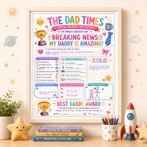 Puede incluir: Un póster de actividades para el Día del Padre titulado The Dad Times, enmarcado y con ilustraciones coloridas de un trofeo, una corbata y una taza de café. Incluye secciones para completar sobre los favoritos, misiones de amor y dibujo.