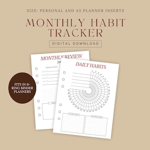 May include: Two white planner inserts with the text "MONTHLY HABIT TRACKER" and "DIGITAL DOWNLOAD". One insert is labeled "MONTHLY REVIEW" and the other "DAILY HABITS". The inserts are designed to fit in 6-ring binder planners. The size is for personal and A5 planner inserts.