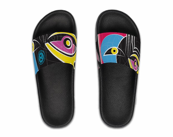 Colorful Abstract Bird Eyes Slide Sandals | Black Strap Pool Slides