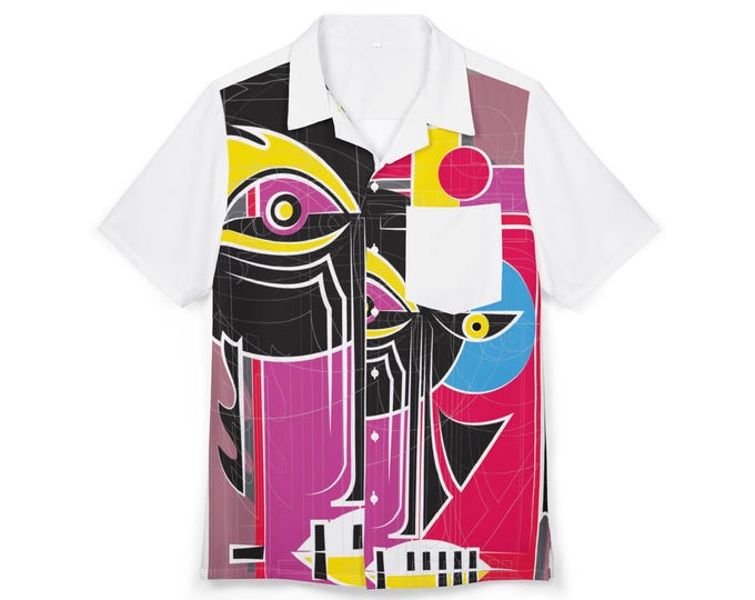 Abstract Cubist Face Hawaiian Shirt | Pink Yellow Graphic Button-Down