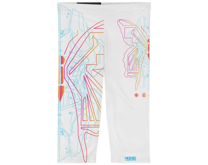 Neon Line Art Butterfly Capri Leggings | Abstract Geometric AOP