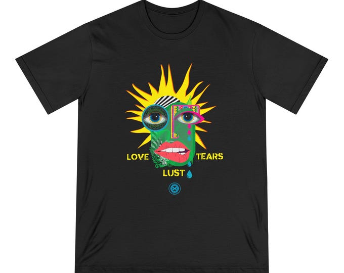 Love Tears Lust face graphic T-Shirt | Sunburst eye collage