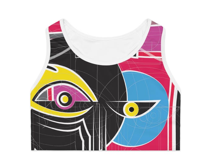 Abstract Geometric Face Sports Bra | All-Over Print Activewear