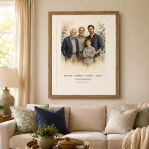 Puede incluir: Un retrato enmarcado estilo acuarela que muestra a cuatro generaciones de hombres de pie juntos. Debajo de las figuras, el texto dice: WILLIAM • ROBERT • DANIEL • ETHAN, FOUR GENERATIONS, A legacy built with love. La obra está en un marco de madera.