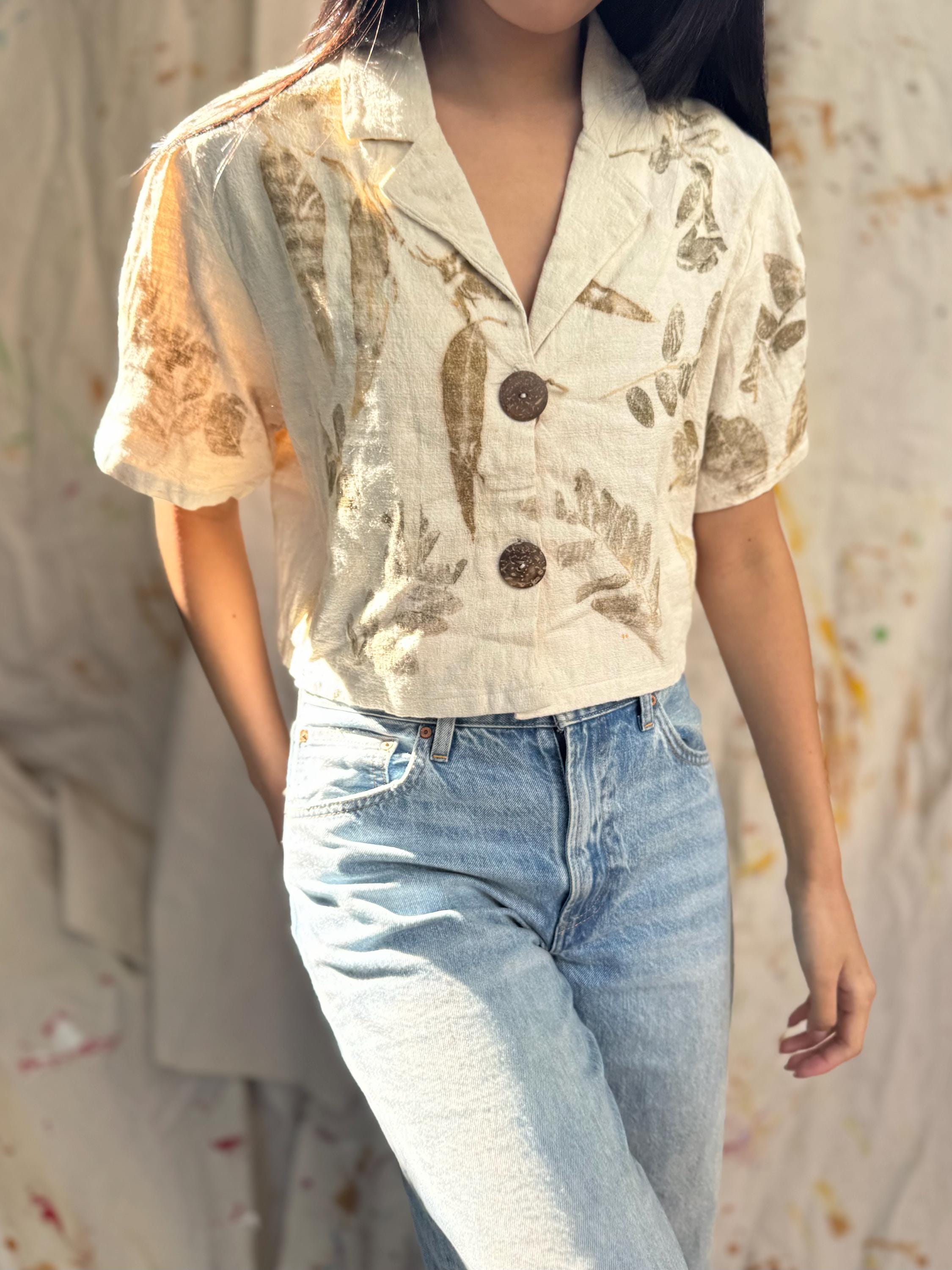 Handmade Leaf Dyed Cotton Crop Top Botanical Print, Thailand