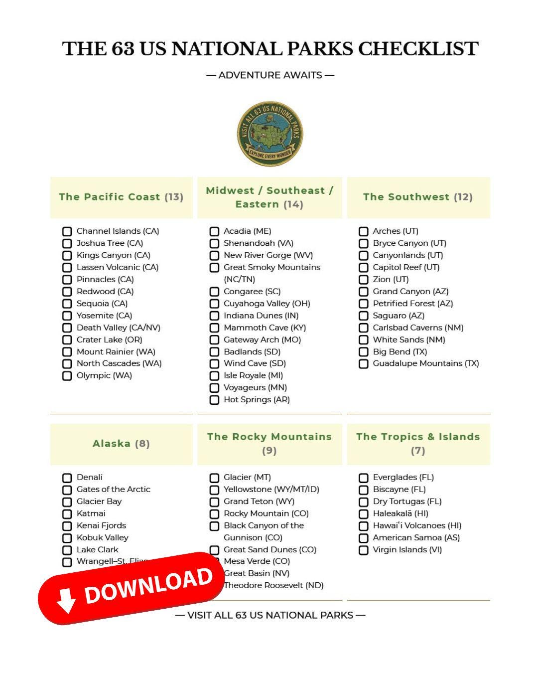 US National Parks Checklist & Map | Travel Goal Tracker (digital