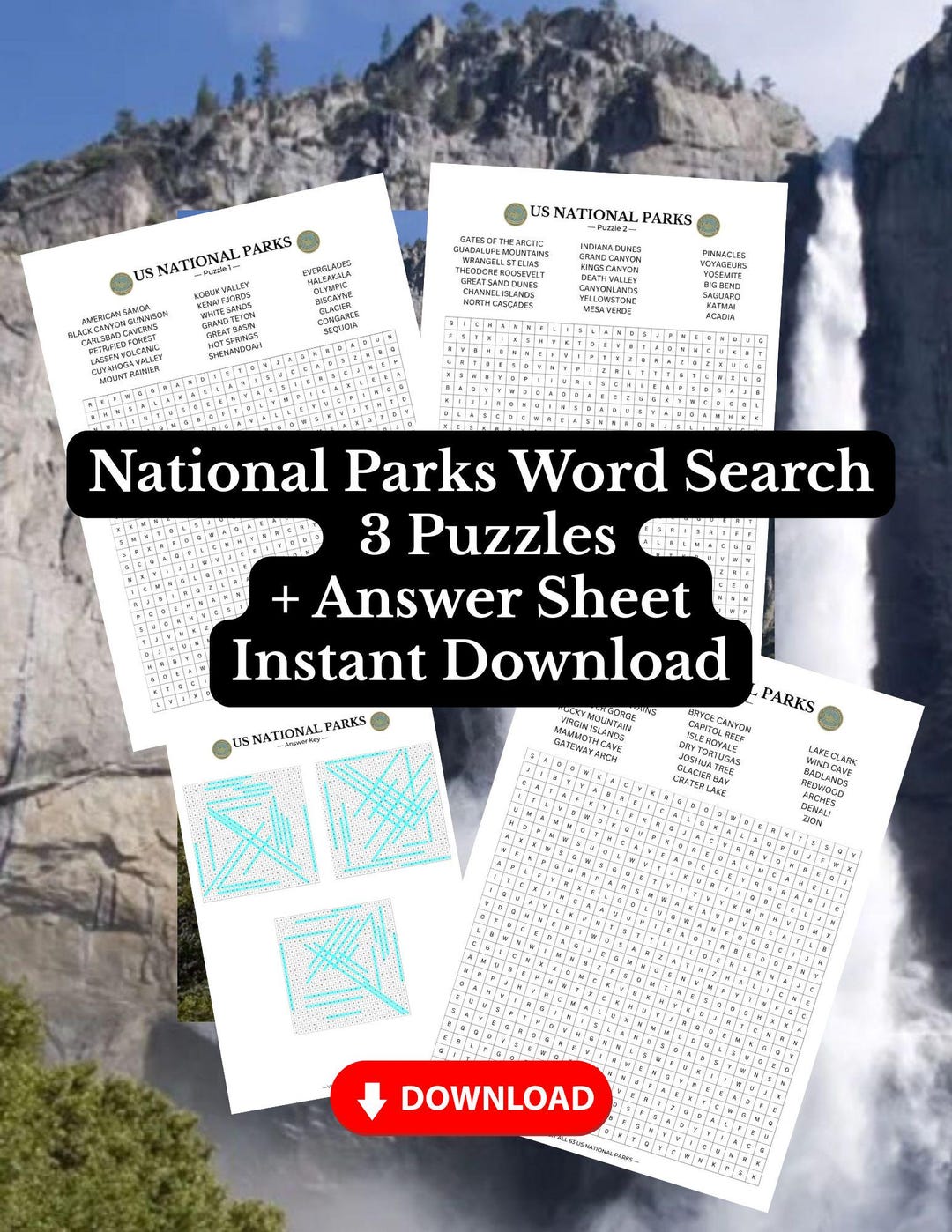 National Park Word Search Bundle, 3 Printable Travel Games, Road Trip ...