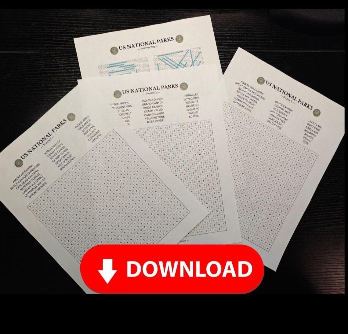 National Park Word Search Bundle, 3 Printable Travel Games, Road Trip ...