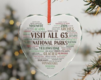 Visit All 63 National Parks Crystal Glass Ornament | Christmas Word Heart