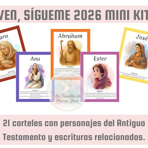 May include: A set of six colorful cards featuring illustrations of biblical figures like Sara, Abraham, Ana, Ester, and José. The cards are part of a "2026 Mini Kit" and include text in Spanish. The cards are framed in various colors.